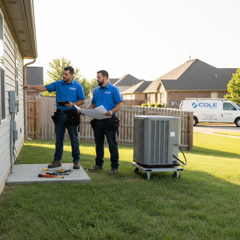 A Cole HVAC team discussing an air conditioning installation project in Nixa, MO.