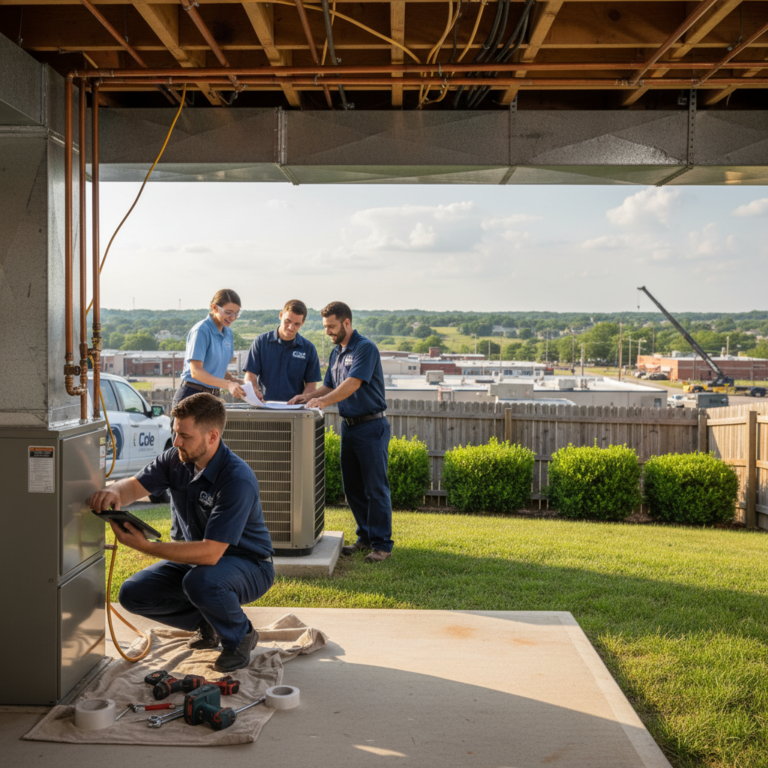 An HVAC technician from Cole HVAC expertly installing a new furnace in a Nixa, MO home.