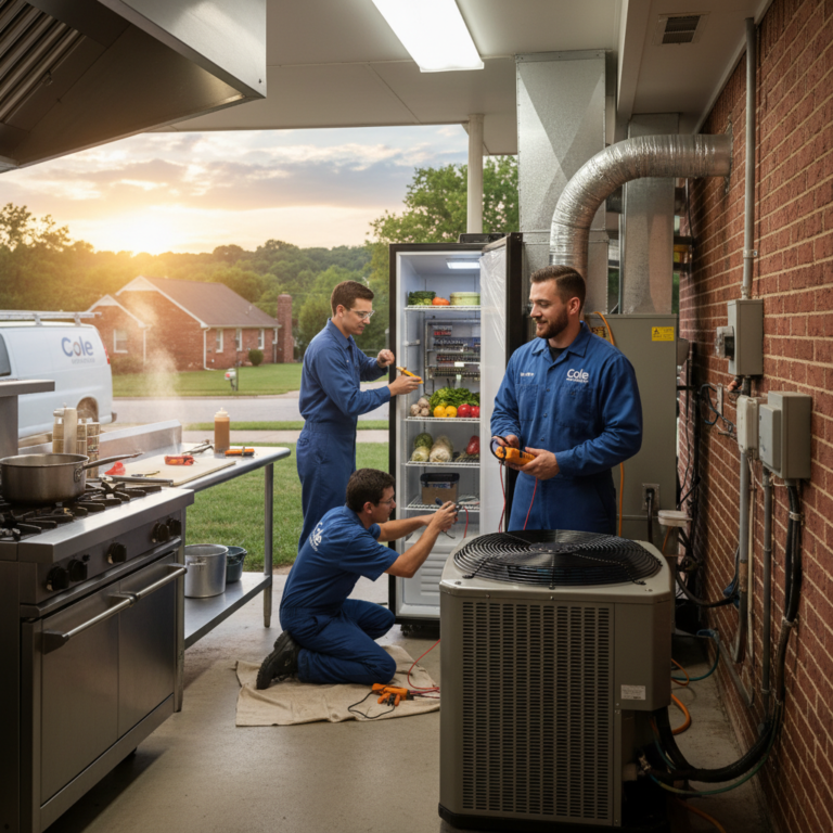 An HVAC technician from Cole HVAC servicing a residential air conditioning unit in Nixa, MO, ensuring home comfort.