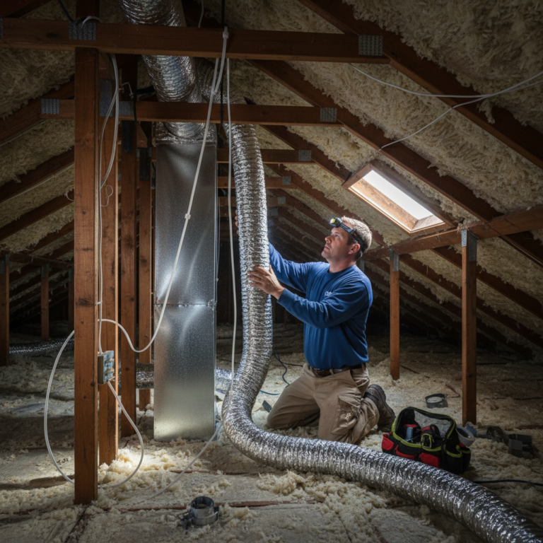 Cole HVAC professional installing new air ducts in an attic in the Nixa, MO area.