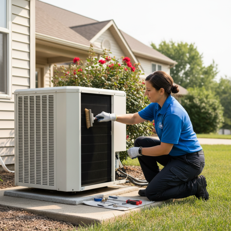 Cole HVAC professional performing AC unit maintenance at a residence in Nixa, MO.