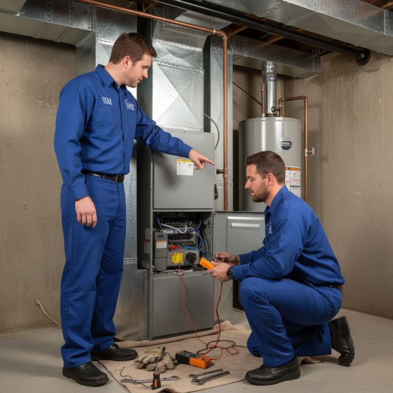 Cole HVAC professionals inspecting a furnace in a Nixa, MO home, providing expert heating maintenance.