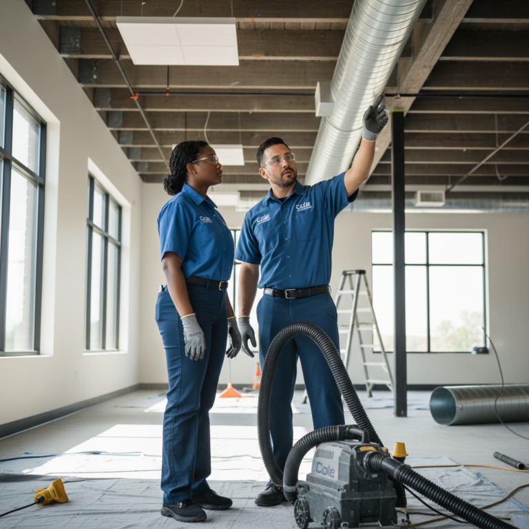 Cole HVAC team members discussing air duct cleaning for a Nixa, MO commercial property.