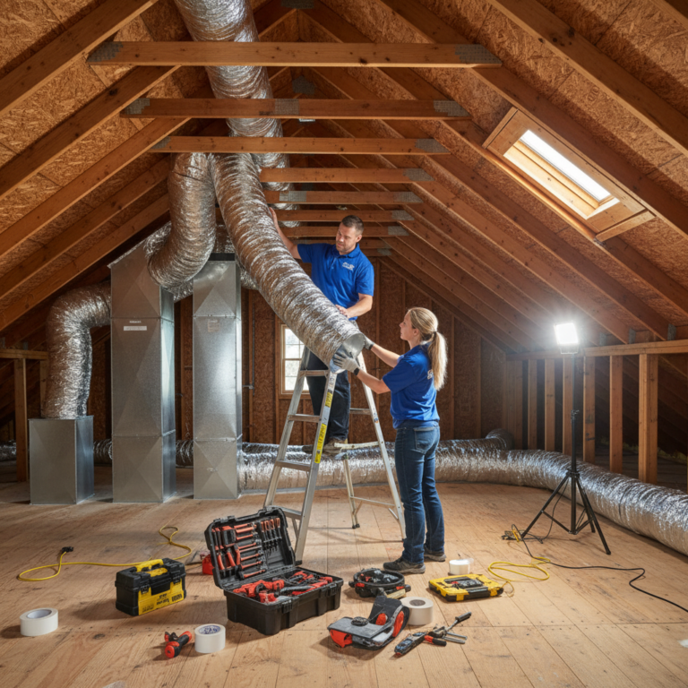 Cole HVAC team members installing new ductwork in a spacious attic in Nixa, MO.