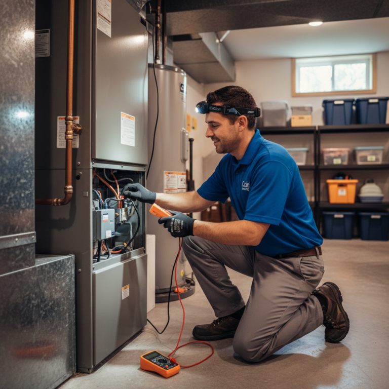 Cole HVAC technician inspecting a furnace in a clean residential basement in Nixa, MO.
