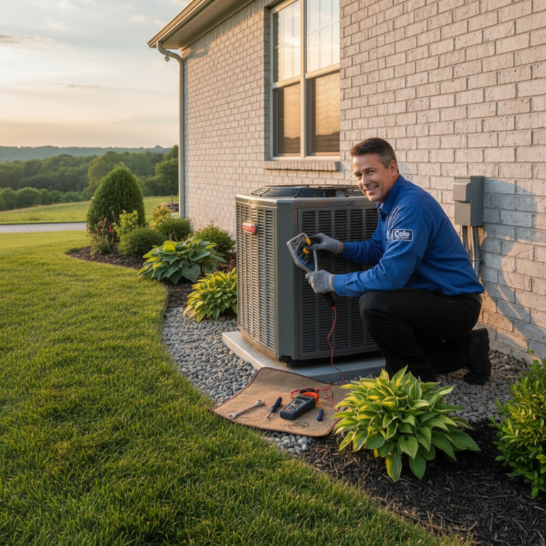 Cole HVAC technician inspecting an outdoor air conditioning unit at a home in Nixa, MO.