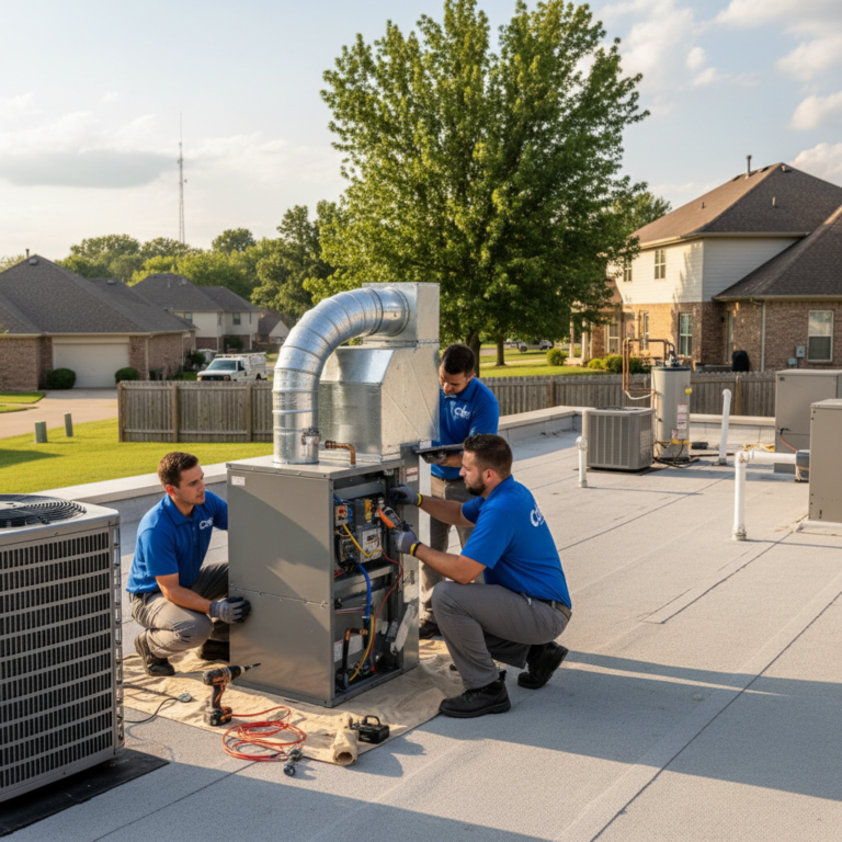 Cole HVAC technician inspecting an outdoor air conditioning unit in a residential backyard in Nixa, MO.