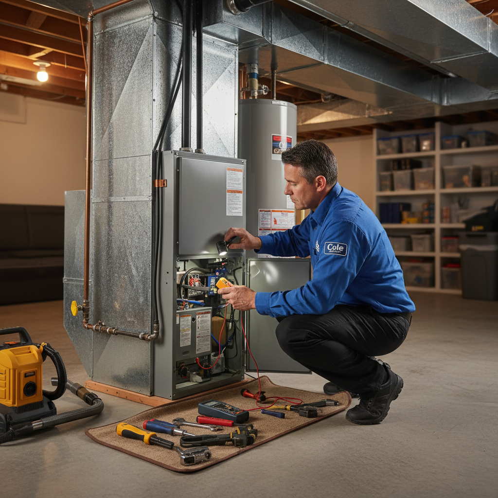 Cole HVAC technician performing maintenance on a furnace in a Nixa, MO residential basement.