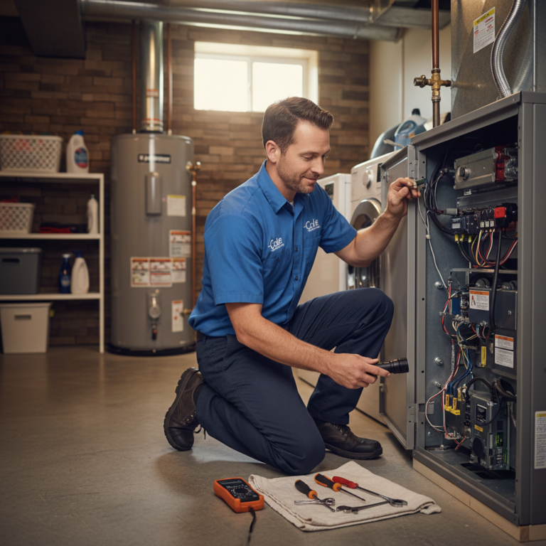 Cole HVAC technician performing residential furnace repair service in a Nixa, MO home.