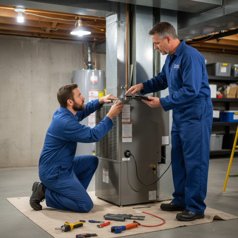 Cole HVAC technicians installing a new furnace system in a Nixa, MO and surrounding communities basement.
