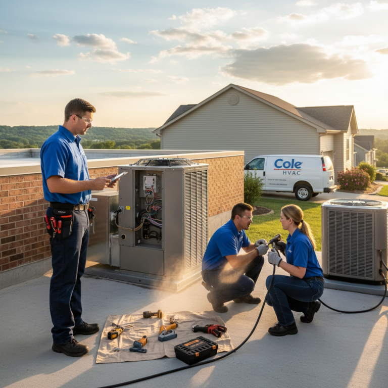 Experienced Cole HVAC technician inspecting a commercial air conditioning unit in Nixa, MO.