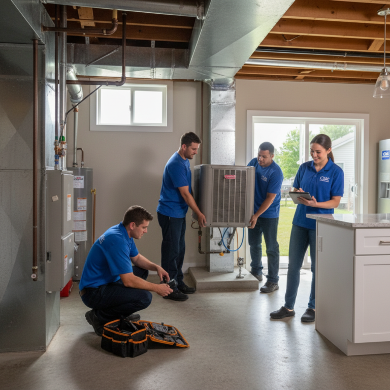 Experienced Cole HVAC technician inspecting a furnace in a Nixa, MO home basement.