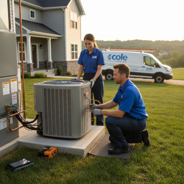Experienced HVAC technician servicing a furnace in a Nixa, MO home basement.