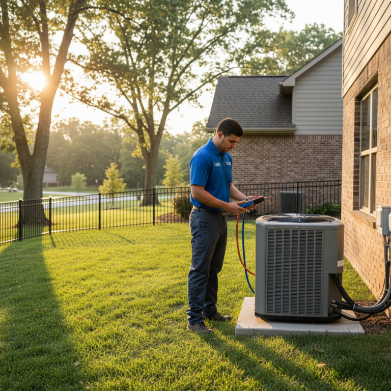 Experienced HVAC technician servicing a residential air conditioning unit in a Nixa, MO neighborhood.