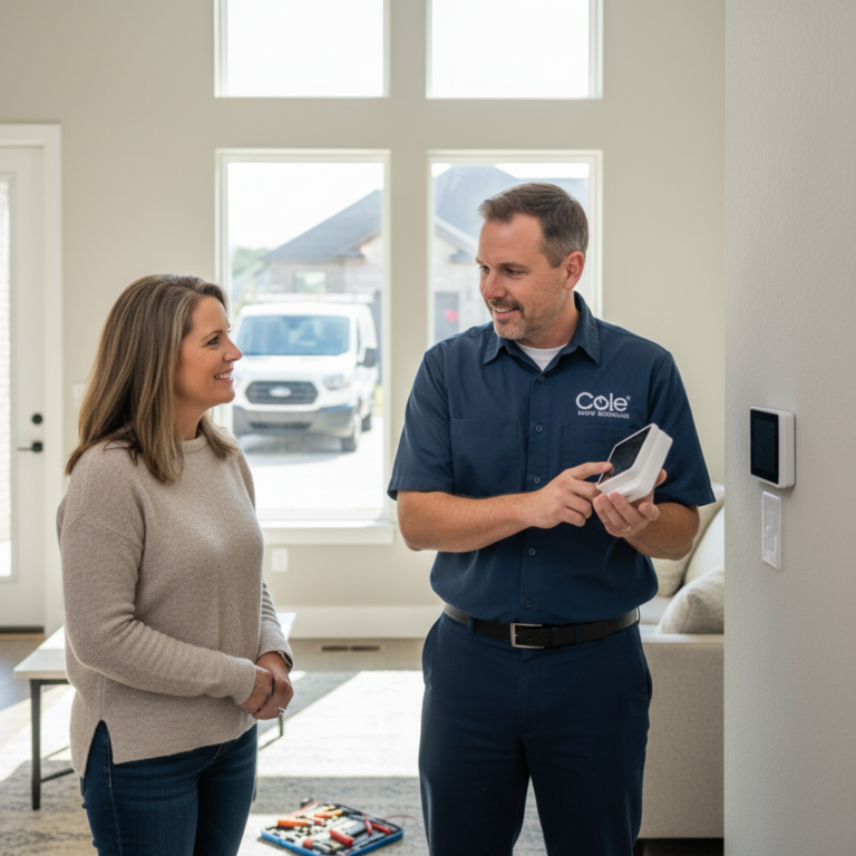 Friendly Cole HVAC specialist discussing a new thermostat installation with a homeowner in Nixa, MO.