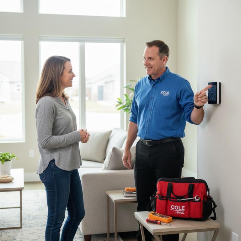 Friendly Cole HVAC technician discussing a new thermostat installation with a homeowner in Nixa, MO.