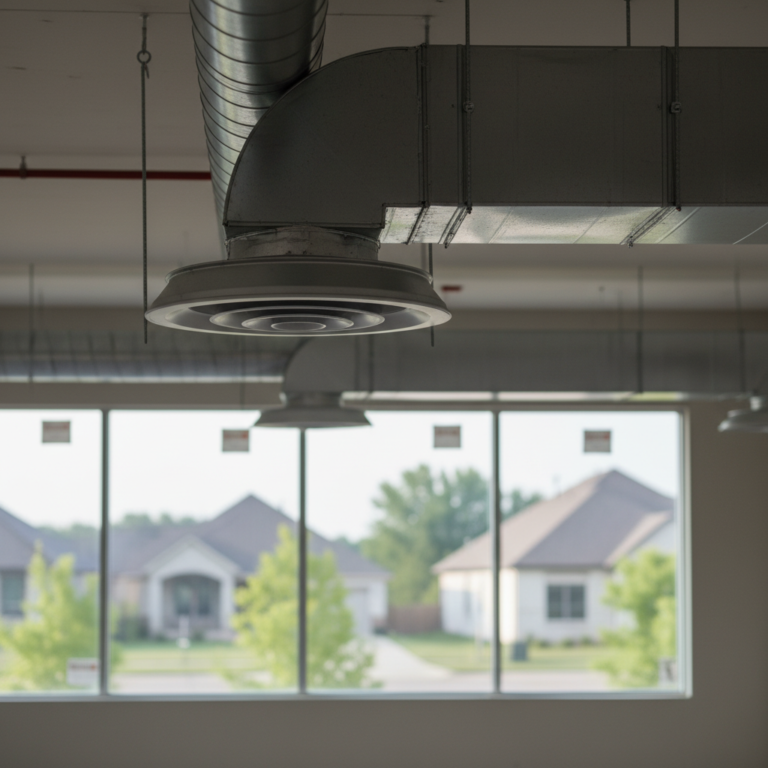 Subtle commercial ductwork installation in a Nixa, MO building, with a residential neighborhood visible through windows.